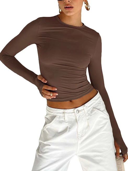Women’s Long Sleeve Crew Neck Crop Top with Thumb Holes Slim Fit Solid Knit T-Shirt for Summer Streetwear and Casual Outfits